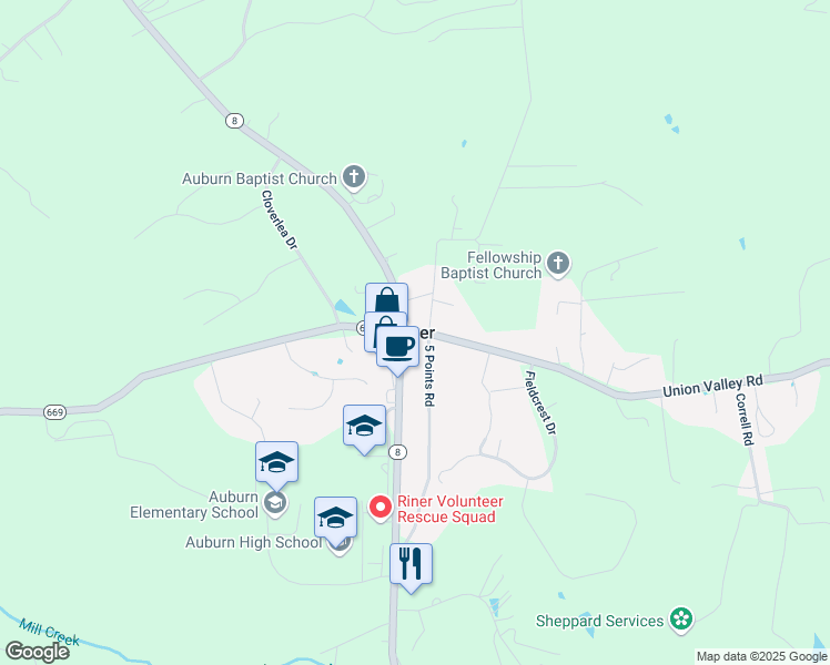 map of restaurants, bars, coffee shops, grocery stores, and more near in Riner