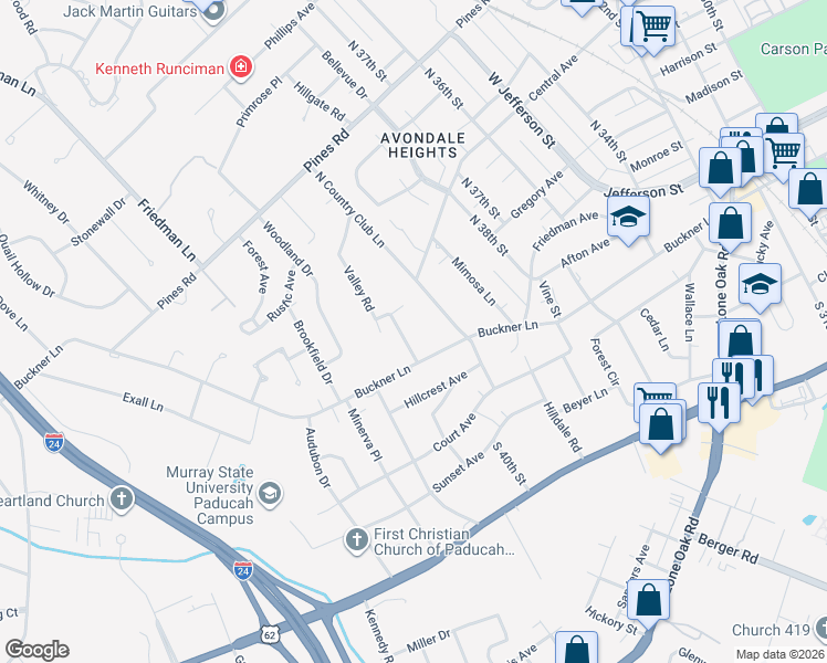 map of restaurants, bars, coffee shops, grocery stores, and more near 100-172 Valley Rd in Paducah