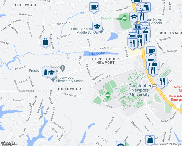 map of restaurants, bars, coffee shops, grocery stores, and more near 8 Pendleton Street in Newport News