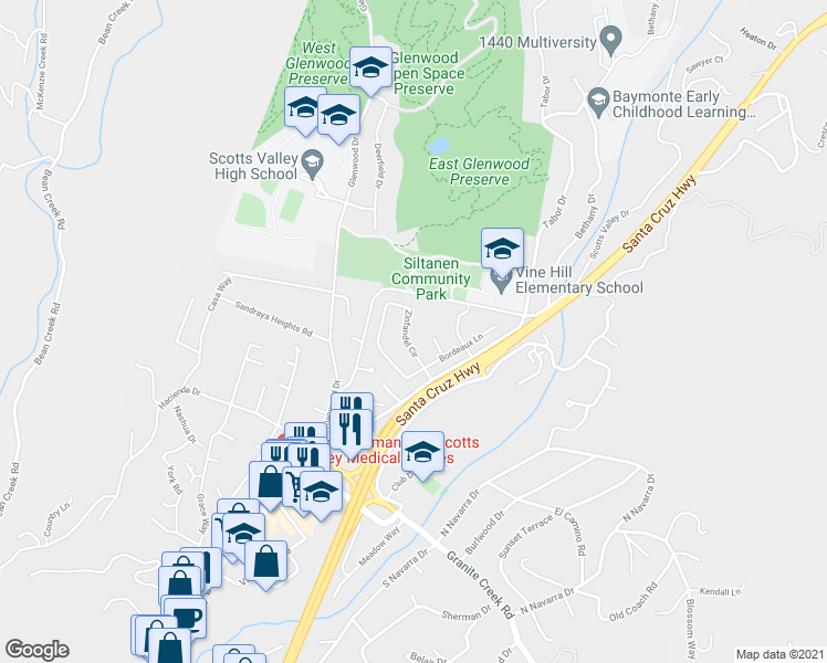 map of restaurants, bars, coffee shops, grocery stores, and more near 110 Zinfandel Circle in Scotts Valley