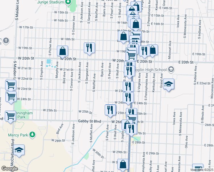map of restaurants, bars, coffee shops, grocery stores, and more near 2214 S Pearl Ave in Joplin