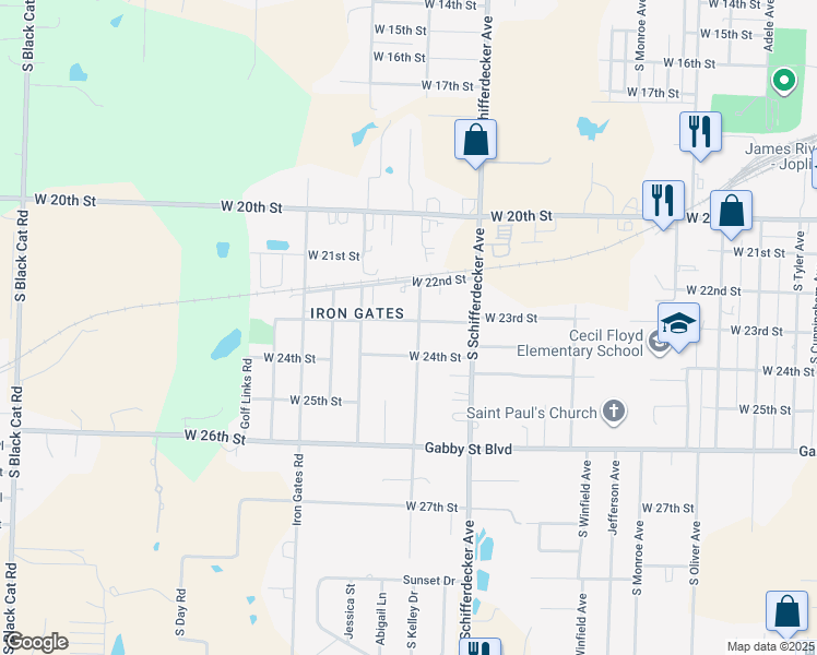 map of restaurants, bars, coffee shops, grocery stores, and more near 3108 West 23rd Street in Joplin