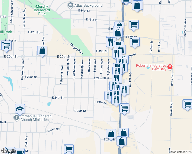 map of restaurants, bars, coffee shops, grocery stores, and more near 2131 Texas Avenue in Joplin