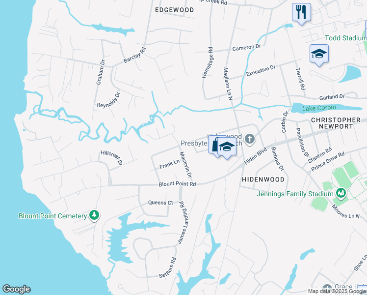 map of restaurants, bars, coffee shops, grocery stores, and more near 24 Macirvin Drive in Newport News