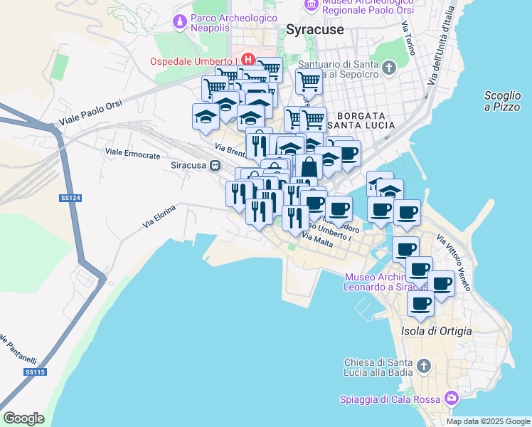 map of restaurants, bars, coffee shops, grocery stores, and more near 10 Piazzale Guglielmo Marconi in Siracusa