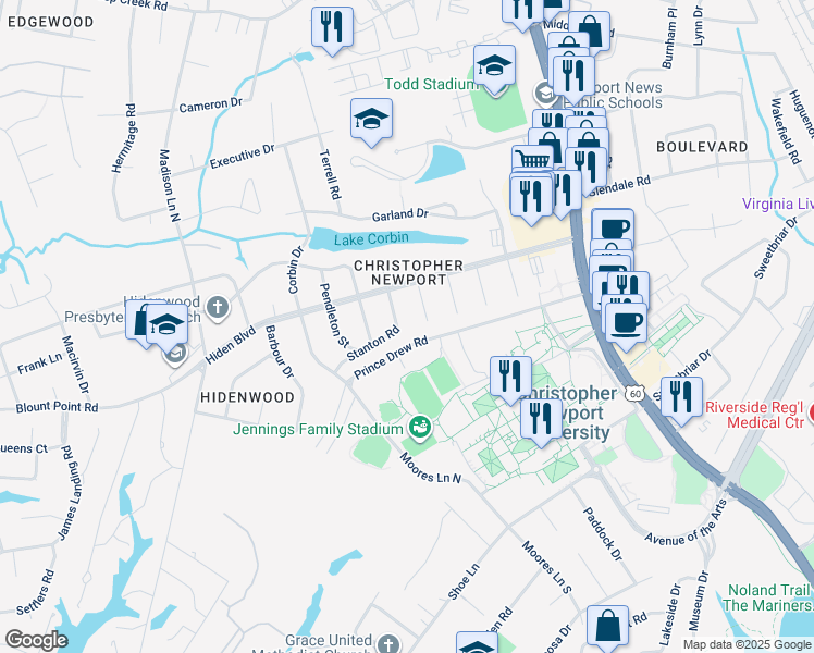 map of restaurants, bars, coffee shops, grocery stores, and more near 379 Stanton Road in Newport News