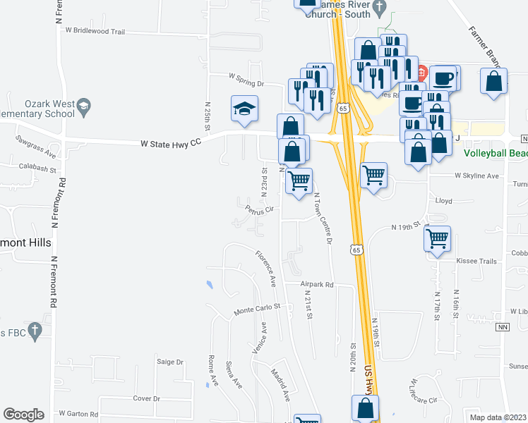 map of restaurants, bars, coffee shops, grocery stores, and more near 2320 Petrus Circle in Ozark