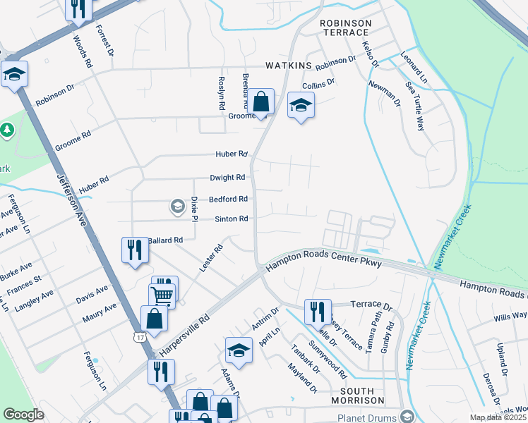 map of restaurants, bars, coffee shops, grocery stores, and more near 203 Lyon Drive in Newport News