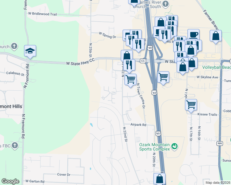 map of restaurants, bars, coffee shops, grocery stores, and more near 2317 Petrus Circle in Ozark
