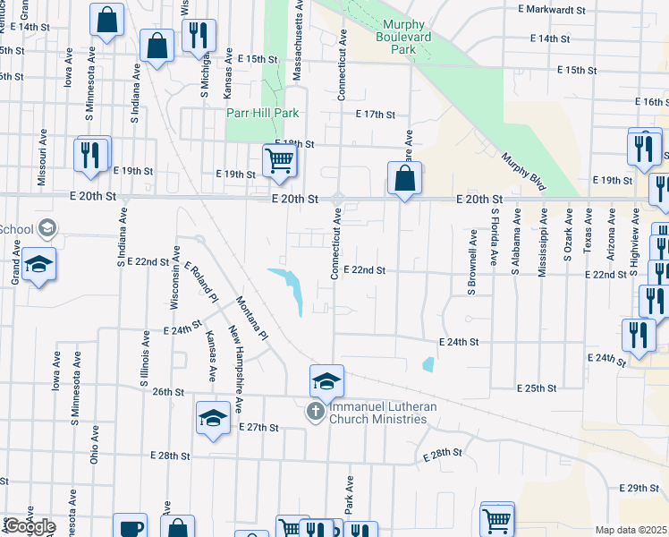 map of restaurants, bars, coffee shops, grocery stores, and more near 1900 East 22nd Street in Joplin