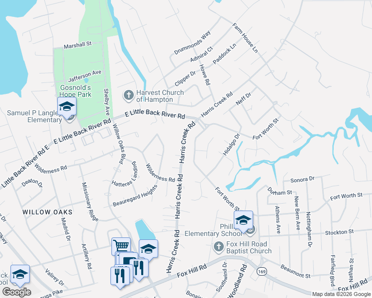 map of restaurants, bars, coffee shops, grocery stores, and more near 78 Harris Creek Road in Hampton
