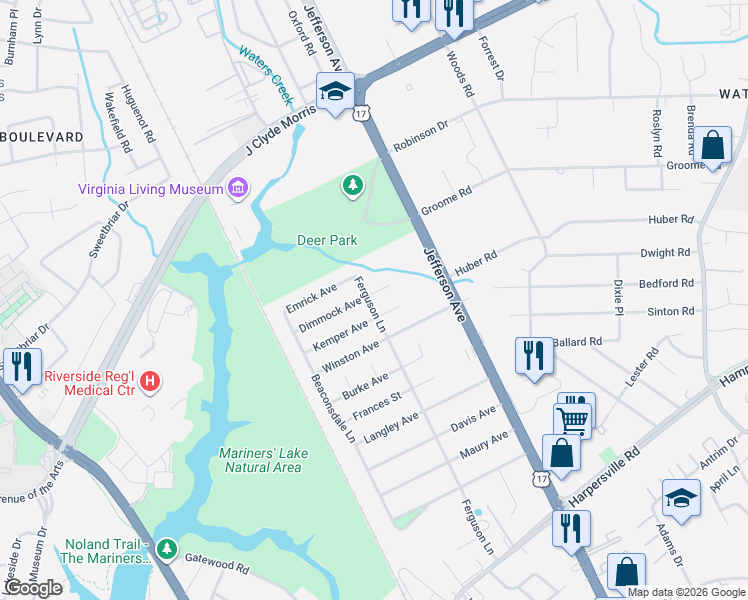 map of restaurants, bars, coffee shops, grocery stores, and more near 24 Dimmock Avenue in Newport News