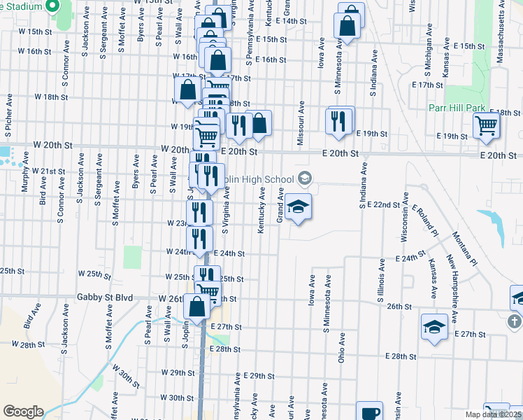 map of restaurants, bars, coffee shops, grocery stores, and more near 2219 South Kentucky Avenue in Joplin