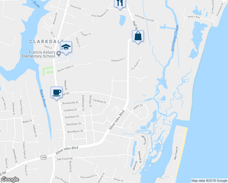 map of restaurants, bars, coffee shops, grocery stores, and more near 204 Eastlawn Drive in Hampton