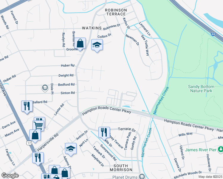 map of restaurants, bars, coffee shops, grocery stores, and more near 174 Hemisphere Cir in Newport News