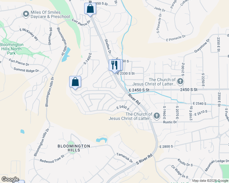 map of restaurants, bars, coffee shops, grocery stores, and more near 1611 2450 South Street in St. George