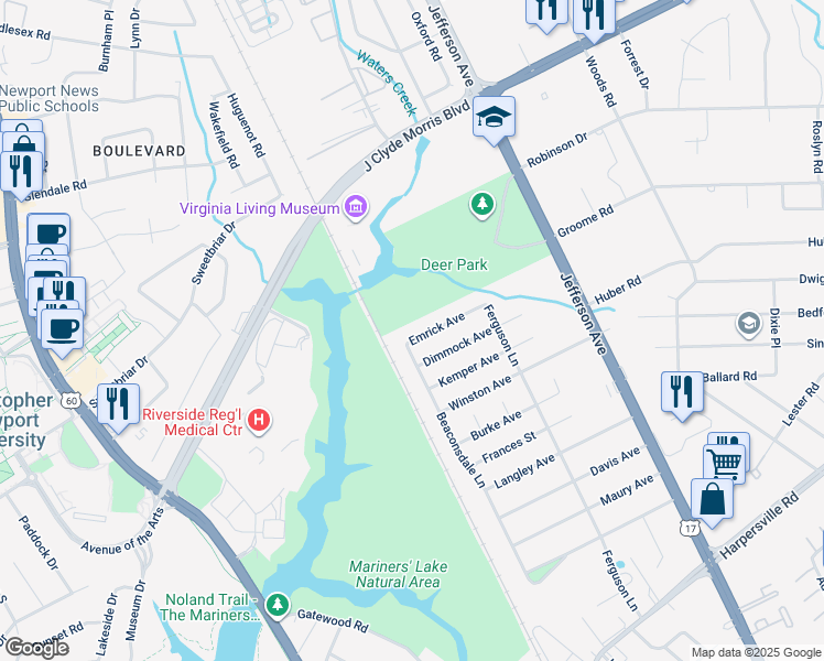map of restaurants, bars, coffee shops, grocery stores, and more near 5 Emrick Avenue in Newport News