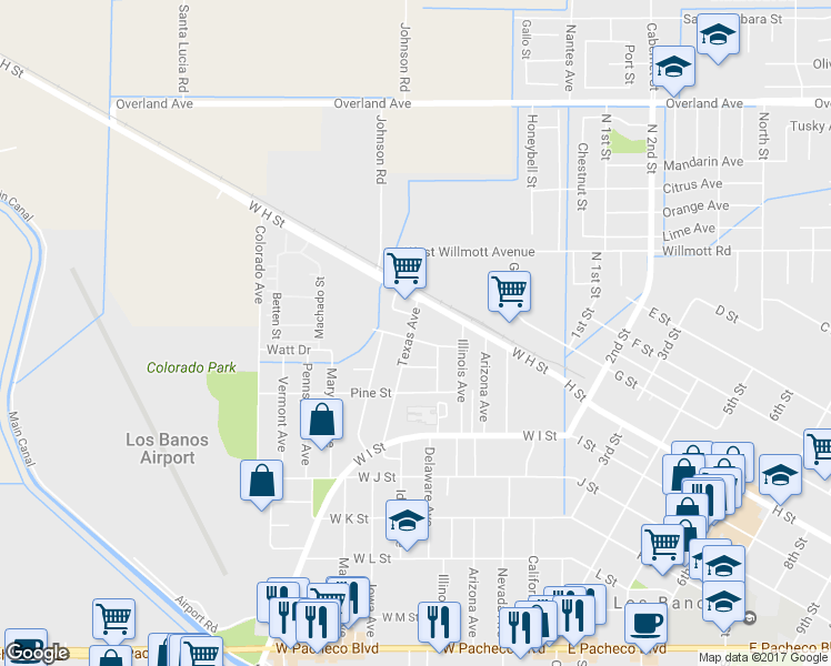 map of restaurants, bars, coffee shops, grocery stores, and more near 528 Madrone Street in Los Banos