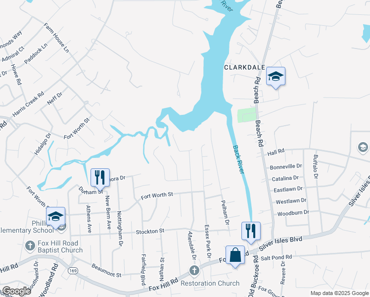 map of restaurants, bars, coffee shops, grocery stores, and more near 118 River Walk Court in Hampton