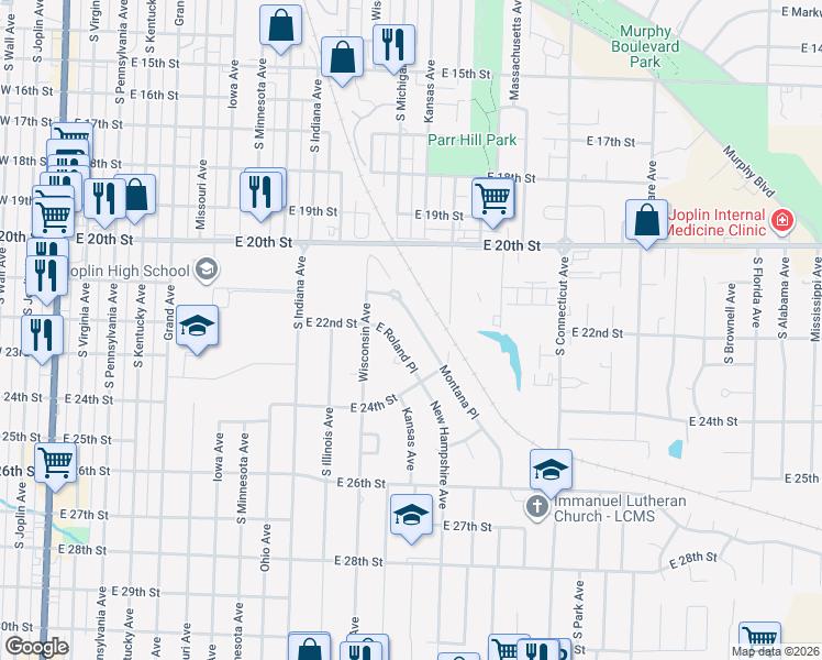 map of restaurants, bars, coffee shops, grocery stores, and more near 1226 Montana Place in Joplin