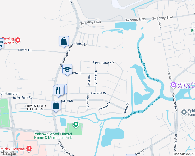 map of restaurants, bars, coffee shops, grocery stores, and more near 130 Brinkman Drive in Hampton