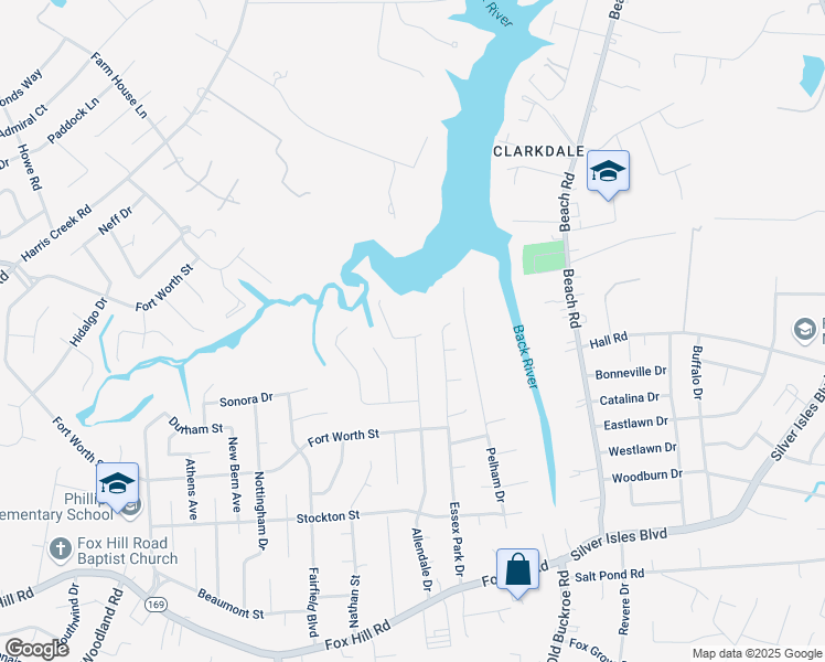 map of restaurants, bars, coffee shops, grocery stores, and more near 118 River Walk Court in Hampton