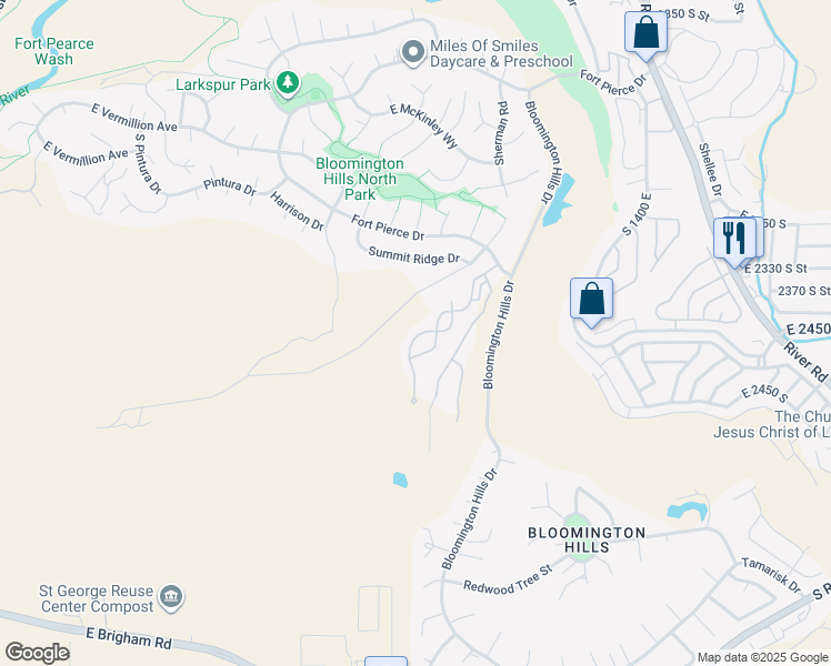 map of restaurants, bars, coffee shops, grocery stores, and more near 1140 East Fort Pierce Drive North in St. George