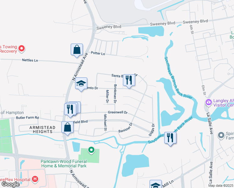 map of restaurants, bars, coffee shops, grocery stores, and more near 130 Brinkman Drive in Hampton