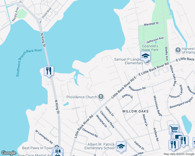 map of restaurants, bars, coffee shops, grocery stores, and more near 68 Oakville Road in Hampton