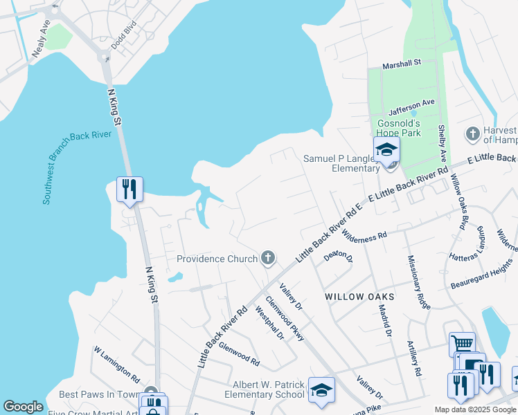 map of restaurants, bars, coffee shops, grocery stores, and more near 68 Oakville Road in Hampton