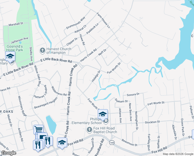 map of restaurants, bars, coffee shops, grocery stores, and more near 107 Hidalgo Drive in Hampton