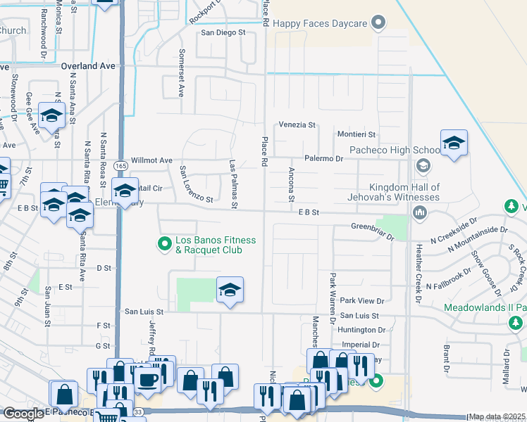map of restaurants, bars, coffee shops, grocery stores, and more near 101 Place Road in Los Banos
