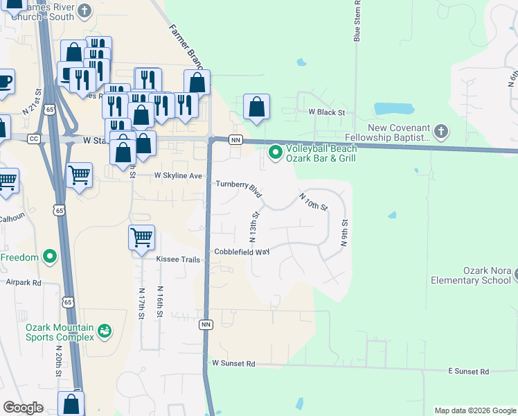 map of restaurants, bars, coffee shops, grocery stores, and more near 5101 North 13th Street in Ozark