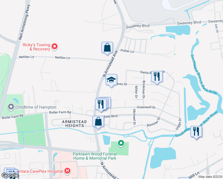 map of restaurants, bars, coffee shops, grocery stores, and more near 2 Carmine Place in Hampton
