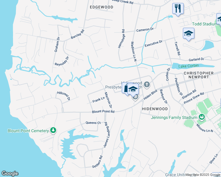 map of restaurants, bars, coffee shops, grocery stores, and more near 4 Scott Road in Newport News