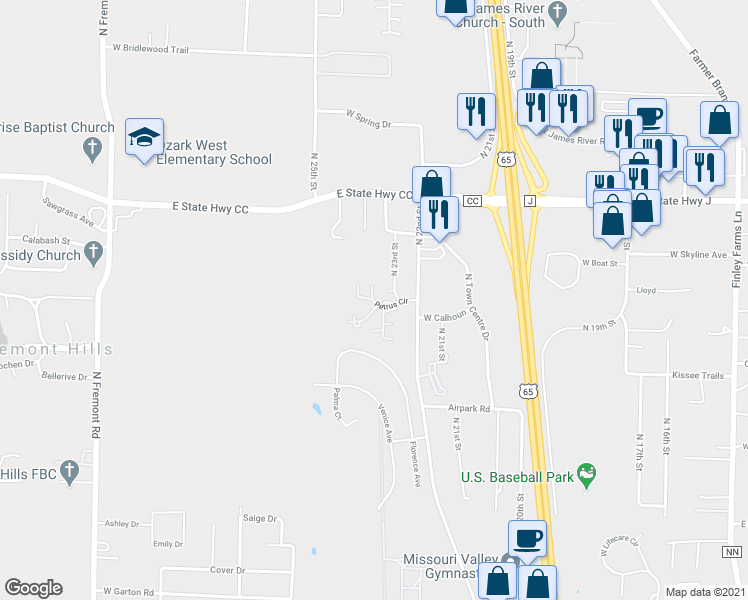 map of restaurants, bars, coffee shops, grocery stores, and more near 2403 Petrus Circle in Ozark