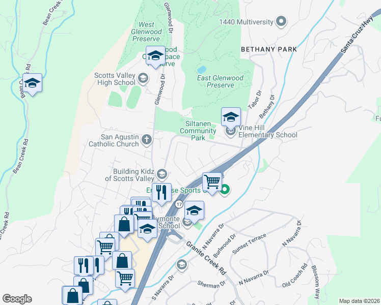 map of restaurants, bars, coffee shops, grocery stores, and more near 110 Zinfandel Circle in Scotts Valley