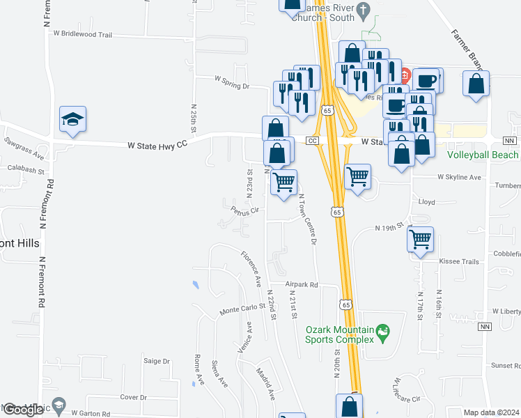 map of restaurants, bars, coffee shops, grocery stores, and more near 2264 Petrus Circle in Ozark