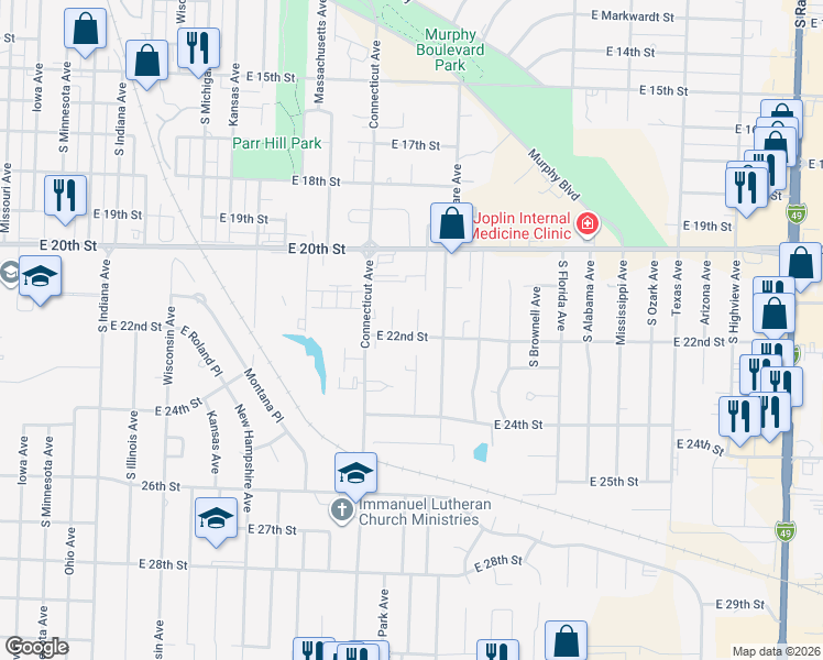 map of restaurants, bars, coffee shops, grocery stores, and more near 2102 E 22nd St in Joplin
