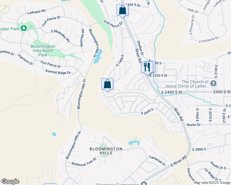map of restaurants, bars, coffee shops, grocery stores, and more near 1432 East 2420 South Circle in St. George