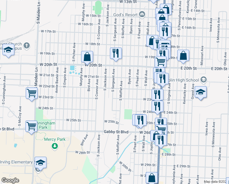 map of restaurants, bars, coffee shops, grocery stores, and more near 2217 South Sergeant Avenue in Joplin