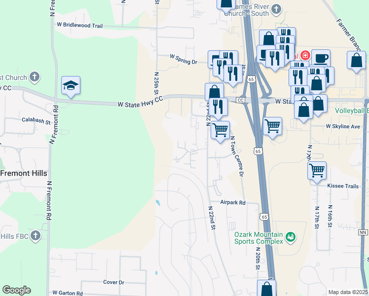 map of restaurants, bars, coffee shops, grocery stores, and more near 2417 Petrus Circle in Ozark