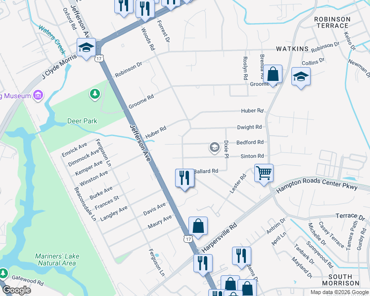 map of restaurants, bars, coffee shops, grocery stores, and more near 11 Sinton Road in Newport News