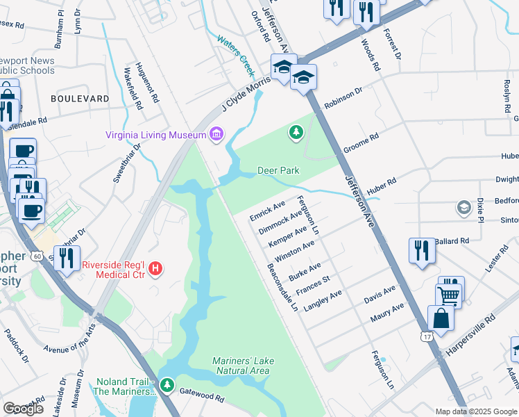 map of restaurants, bars, coffee shops, grocery stores, and more near 5 Emrick Avenue in Newport News