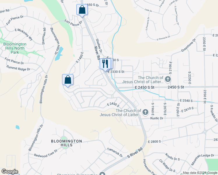 map of restaurants, bars, coffee shops, grocery stores, and more near 1611 2450 South Street in St. George