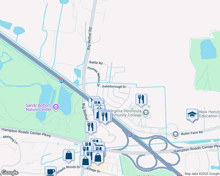 map of restaurants, bars, coffee shops, grocery stores, and more near 6 Kettering Lane in Hampton