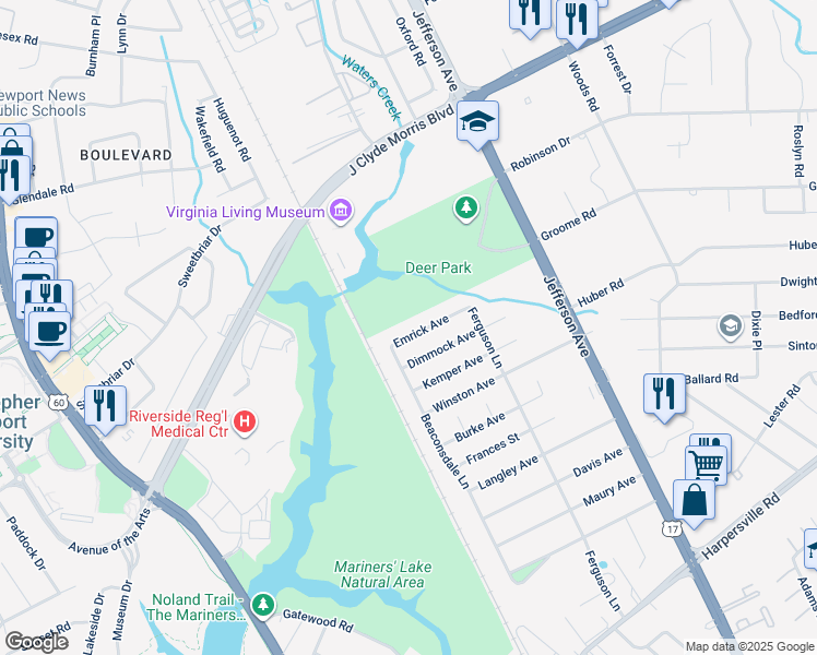 map of restaurants, bars, coffee shops, grocery stores, and more near 5 Emrick Avenue in Newport News