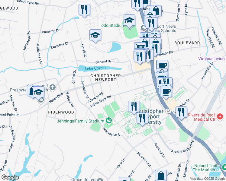 map of restaurants, bars, coffee shops, grocery stores, and more near 11 Burwell Circle in Newport News