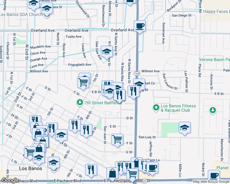 map of restaurants, bars, coffee shops, grocery stores, and more near 1129 East B Street in Los Banos