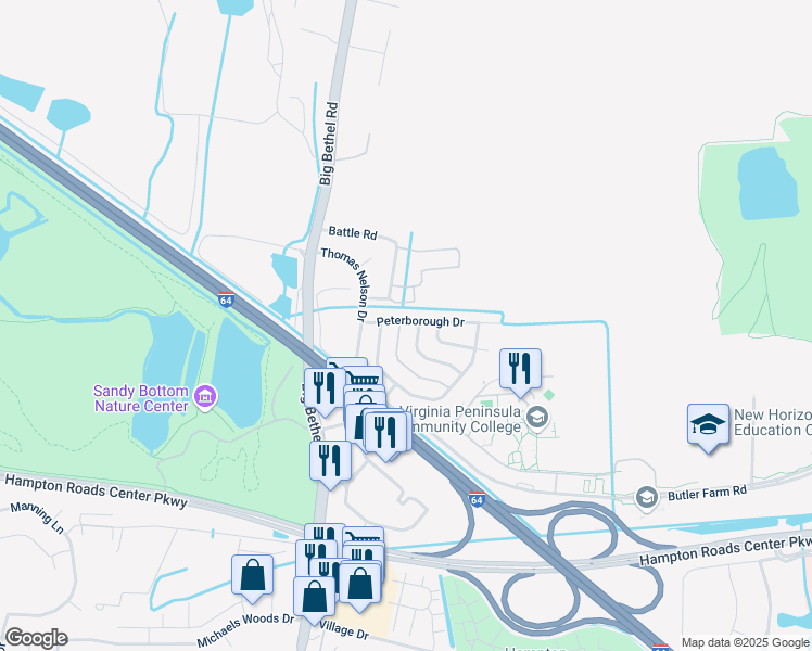 map of restaurants, bars, coffee shops, grocery stores, and more near 6 Kettering Lane in Hampton